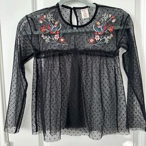 Arizona Jean Company Girls Polka Dot Sheer Blouse with Floral/BirdEmbroidery